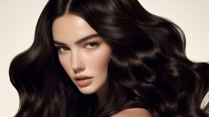 Naklejka premium Luxurious Long Wavy Hair Flowing Elegantly in a Studio Setting.