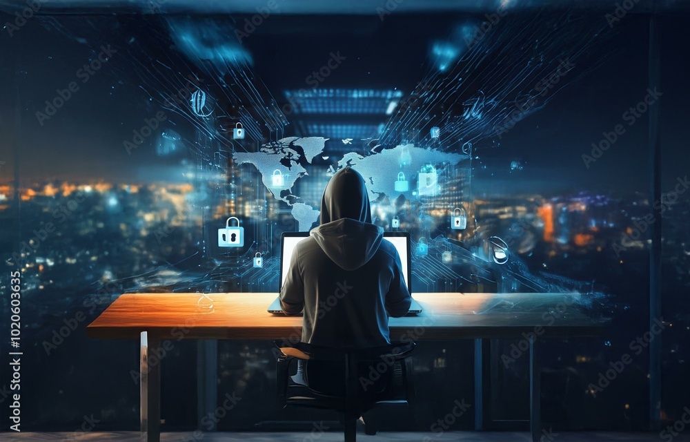 Poster a hooded figure sits at a desk in front of a laptop with a digital world map and lock icons floating