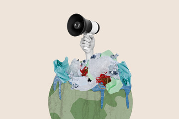 Composite photo collage of hand peek cut globe planet disaster litter pollution problem agitation...