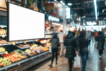 Obraz premium A blank billboard inside a modern grocery store, with people walking around and shopping for groceries in the background with motion blur.