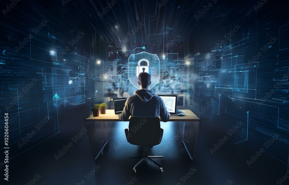 Poster a person sits in front of two computer screens in a dimly lit room, surrounded by glowing blue lines