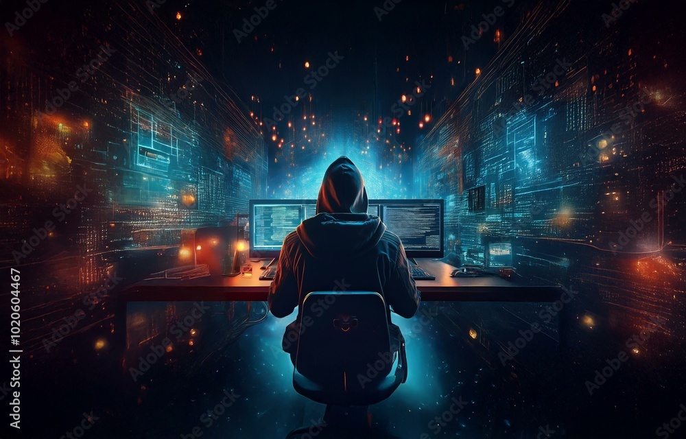 Poster a hooded figure sits in front of computer screens in a dimly lit room with abstract glowing blue and
