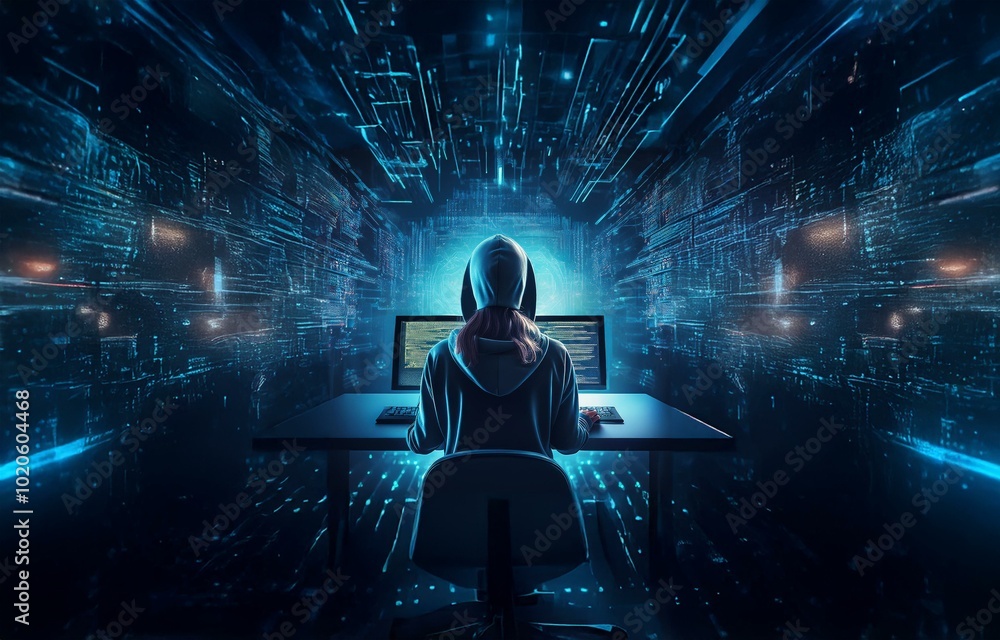 Poster a hooded figure sits in front of a computer screen, surrounded by a digital blue and black backgroun