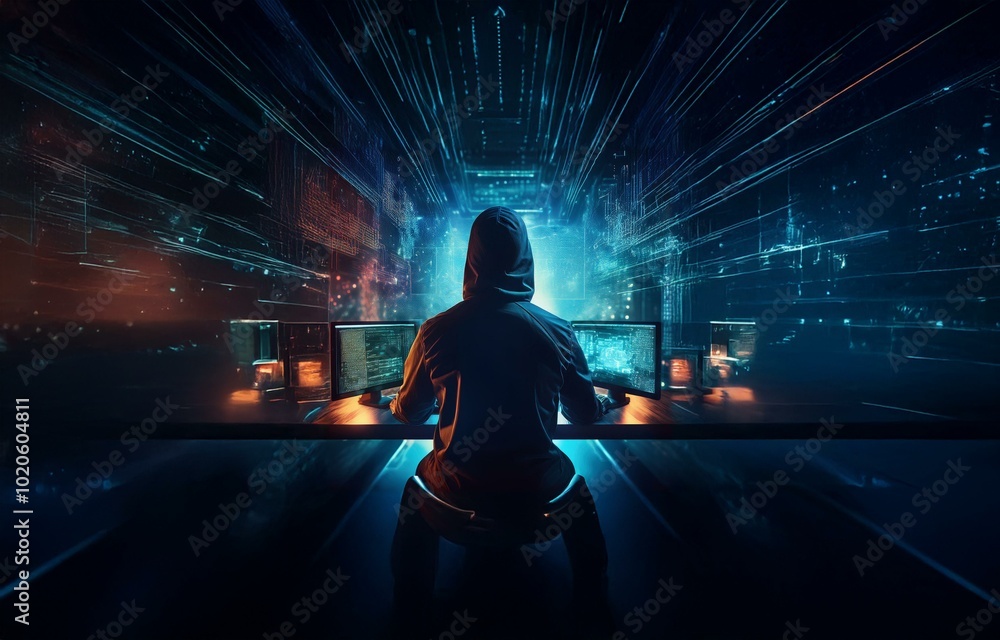 Poster a hooded figure sits at a desk in a dark room, facing multiple computer screens displaying complex d