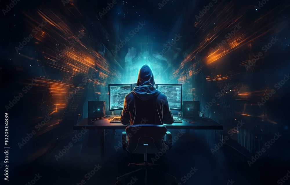 Poster a hooded figure sits at a desk in a dark room illuminated by the glow of multiple computer monitors 