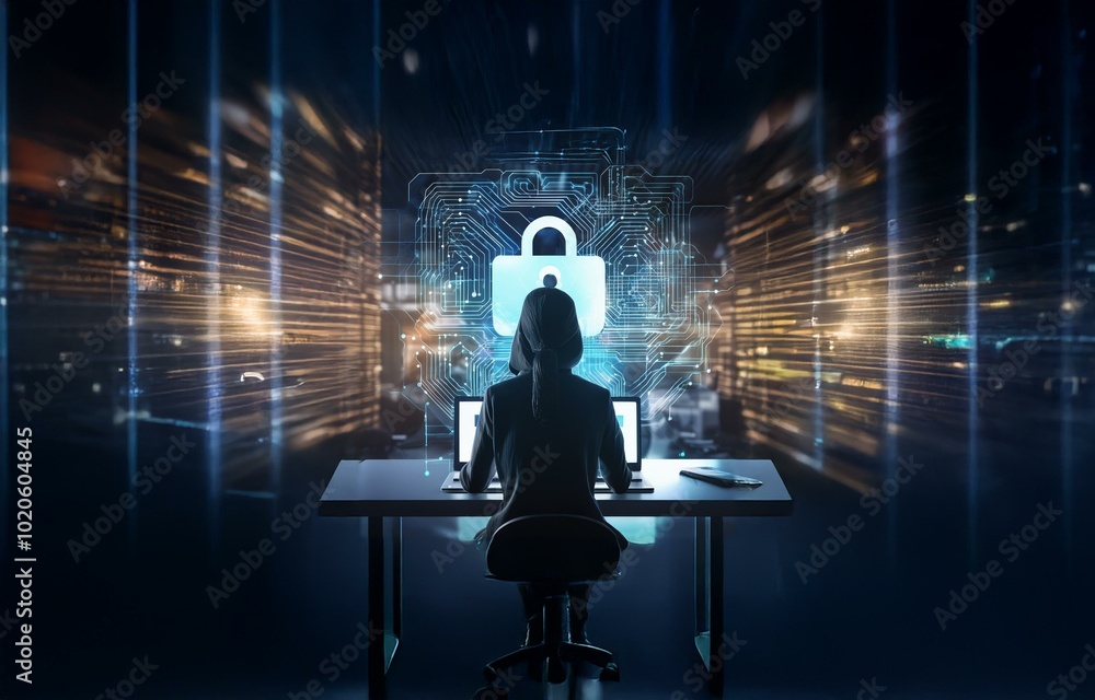 Poster a hooded figure sits at a desk, facing away from the camera, with two laptops open in front of them.