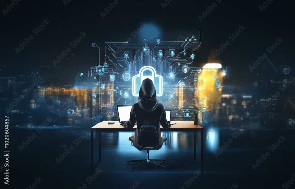 Poster a hooded figure sits in front of a computer with a glowing padlock in the background, symbolizing se