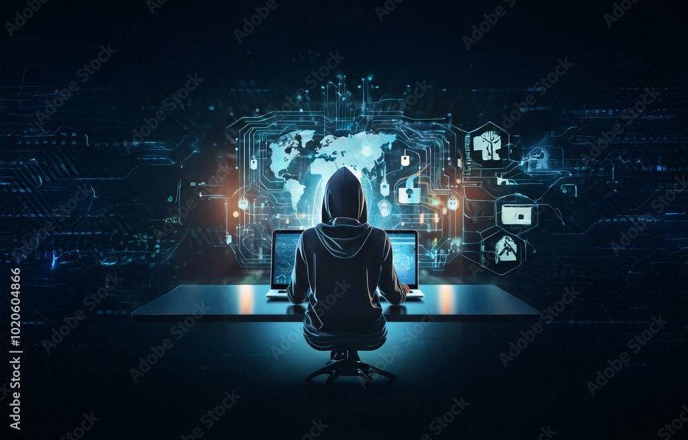 Poster a hooded figure sits at a desk with two open laptops. a digital map and various symbols float in the