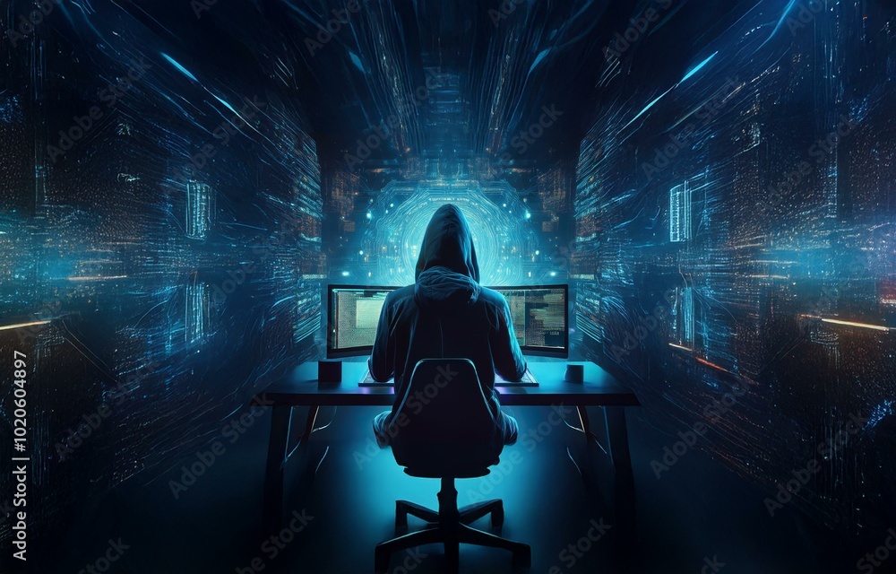 Poster a hooded figure sits at a desk in a dimly lit room, facing two computer screens. the background is f