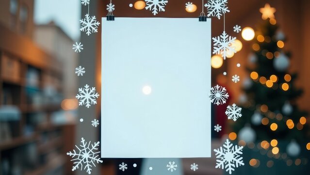 blank white poster or sheet of paper hanging by clips behind window surrounded by white paper snowflakes. holiday promotions and sales banner, event announcement. Christmas, New Year, winter concept.
