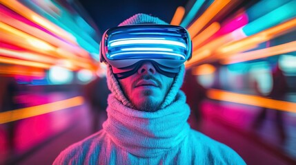 Obraz premium A Man Wearing Virtual Reality Goggles Stands in a Neon-Lit Cityscape