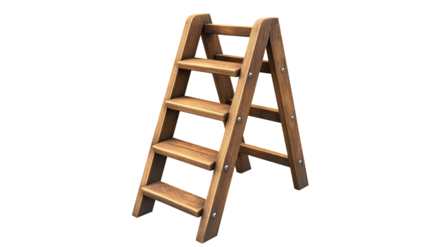 A wooden ladder with four steps. The ladder is brown and has a rustic appearance. It is placed on a white background