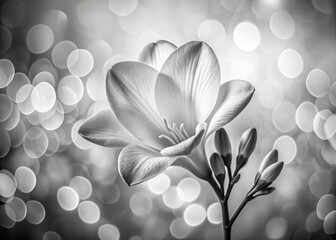 Freesia flower captured in black and white macro photography showcases delicate details and striking contrasts, transforming nature into a captivating artistic depiction of floral beauty.