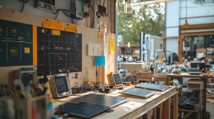 Three Solar Panels on a Wooden Table in a Workshop