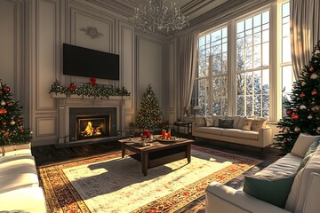 Elegant Holiday Themed Family Room with Ornate Decor Festive Furnishings and Warm Lighting