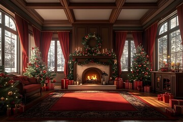Fototapeta premium Elegant Family Room with Luxurious Holiday Decor and Fireplace Ambiance