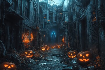 Urban Halloween Haunts: Narrow, Shadowy Alleyway Between Decrepit Buildings with Glowing Jack-o’-Lanterns Lining the Path