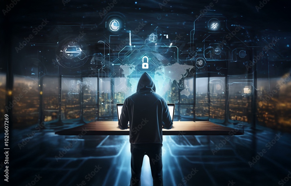 Poster a hooded figure stands in front of a laptop, facing a window overlooking a city at night. network sy