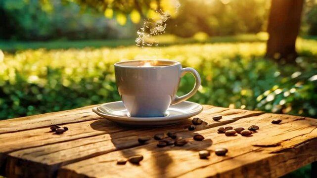 Hot coffee steam blowing in cup on wooden table with sun rays blurred background
