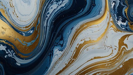 close-up of abstract marble swirls in shades of blue, gold, and white, creating a fluid, organic texture with intricate patterns.