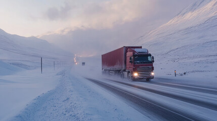 Truck navigating a snowy road in winter mountains