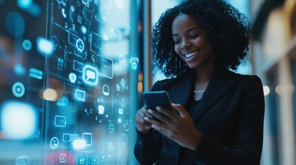 A woman in a suit smiling while looking at her smartphone, with a blue, glowing abstract background of digital icons