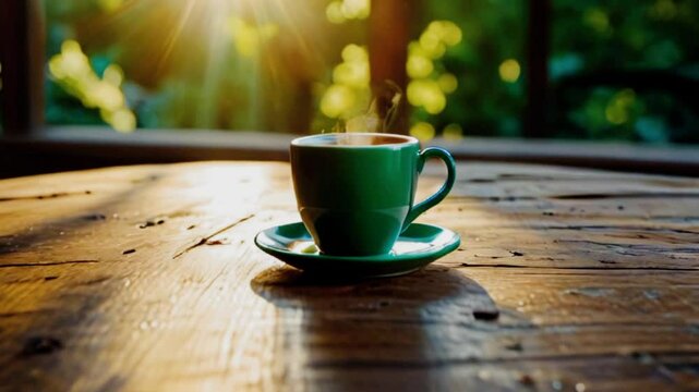Hot coffee steam blowing in cup on wooden table with sun rays blurred background