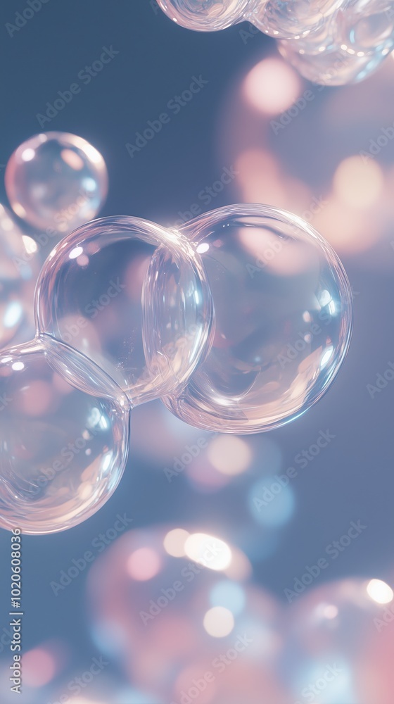 Poster floating soap bubbles in colorful light against a soft blue background, creating a whimsical atmosph