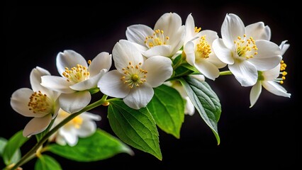 Obraz premium Forced perspective macro detail of white Philadelphus Coronarius flowers isolated on black background