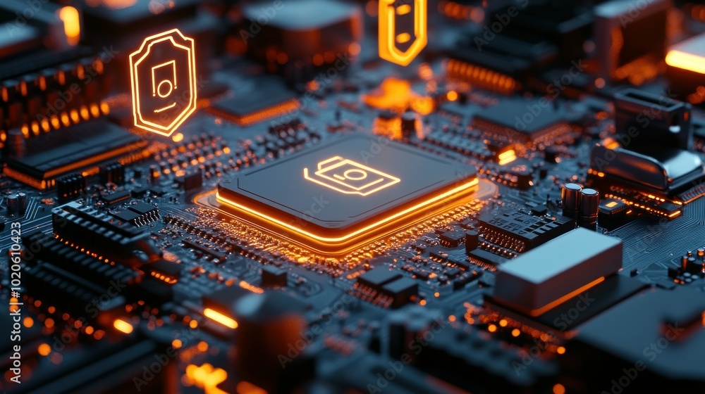 Poster illuminated processor chip with security icon on circuit board