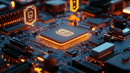 Fototapeta premium Illuminated Processor Chip with Security Icon on Circuit Board