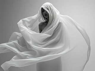 Person draped in flowing white fabric