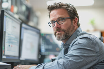 Man working using a computer in the office of a high tech company with multiple monitors.