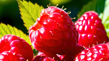 A bunch of red raspberries are on a leaf