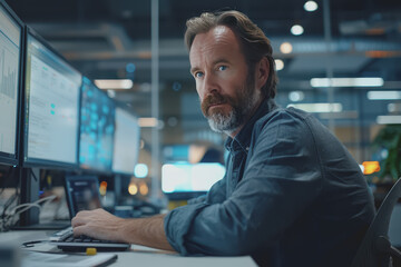 Fototapeta premium Man working using a computer in the office of a high tech company with multiple monitors.