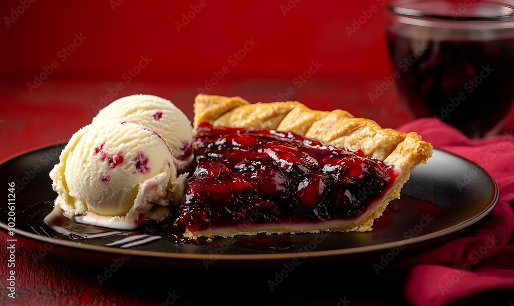 Wall mural A slice of cherry pie with two scoops of vanilla ice cream on a plate, Generative AI