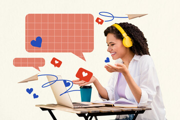 Creative poster collage young cheerful woman textbox message notification like feedback paper...