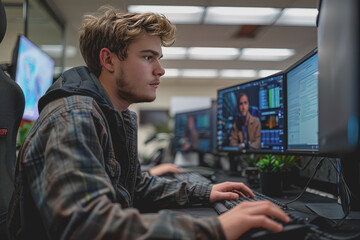 Man working using a computer in the office of a high tech company with multiple monitors.
