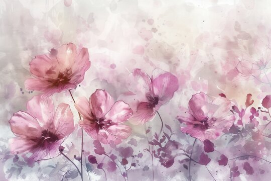 Softly painted flowers in pink and purple shades bloom gently against a pastel background, evoking a sense of calm and peace. Generative AI