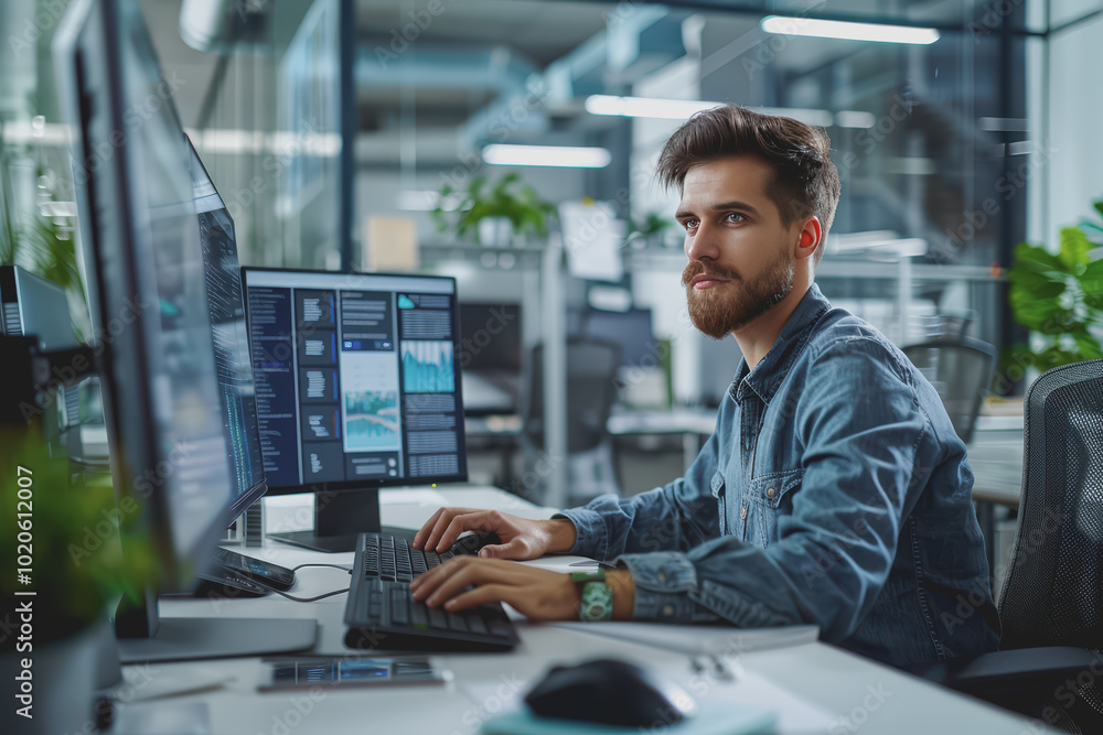 Poster Man working using a computer in the office of a high tech company with multiple monitors.