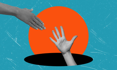 Contemporary art collage shows hands from a dark pit, reaching out and asking for help from another hand, metaphor.