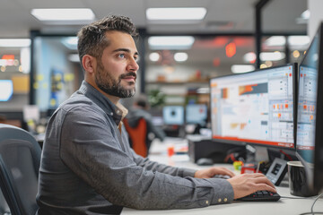 Fototapeta premium Man working using a computer in the office of a high tech company with multiple monitors.
