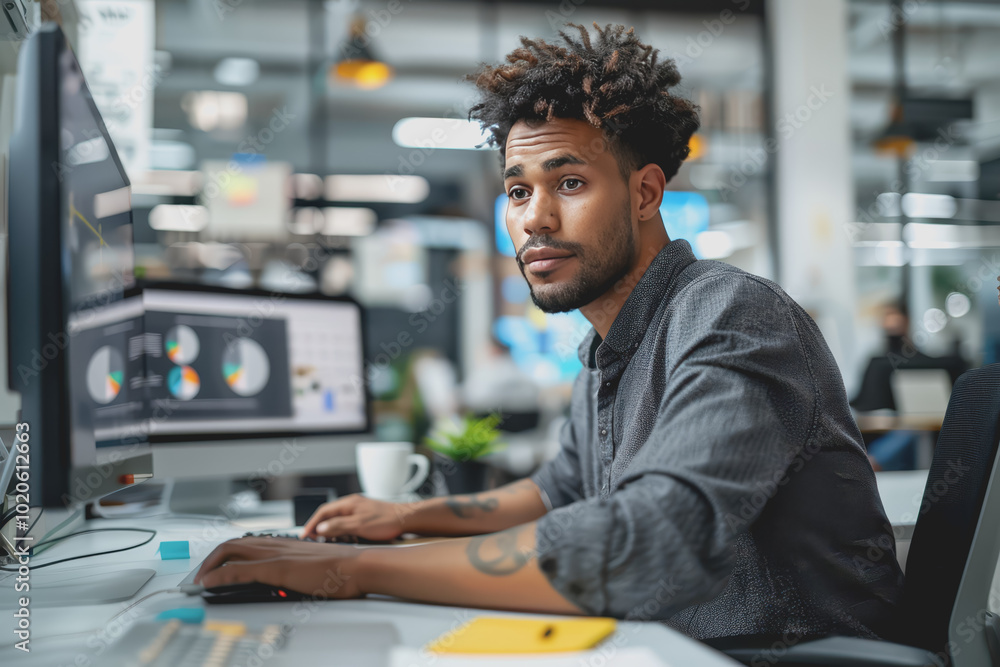 Poster man working using a computer in the office of a high tech company with multiple monitors.