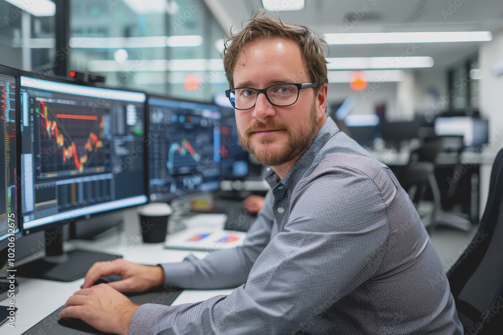 Poster man working using a computer in the office of a high tech company with multiple monitors.