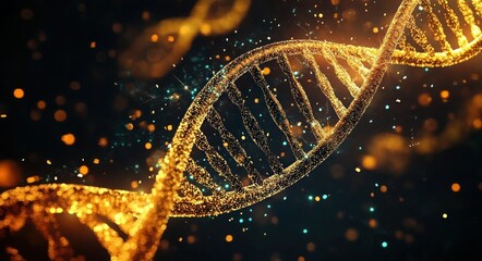 Glowing Double Helix DNA Structure with Futuristic Background - 4K HD Digital Art in Orange and Gold Color Scheme