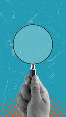 Modern art art collage depicting a hand with a magnifying glass.