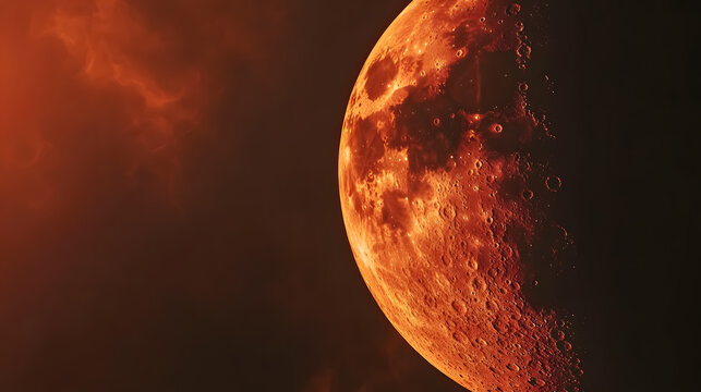 Red Moon Close-Up from Telescope: Close-up of the red moon, as seen through a telescope. - Powered by Adobe