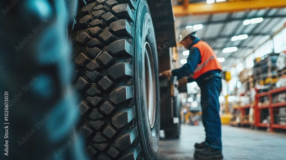 Poster close-up of a tire with a worker in the background