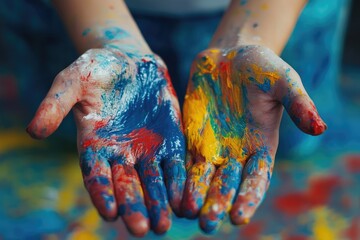 Hands covered in colorful paint. This image captures the creative process of a painter.