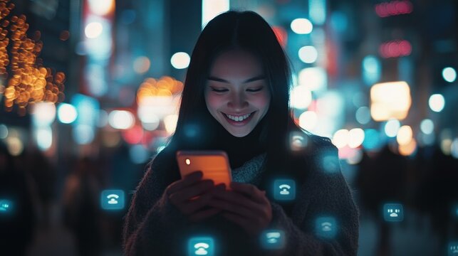 A woman smiling at her phone while walking through a city at night with glowing icons around her - Powered by Adobe